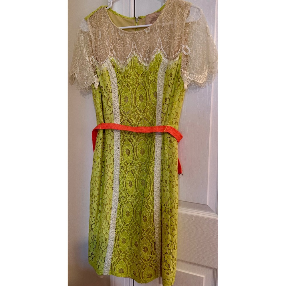 Champagne & Strawberry Lime Green Cream Lace Dress with Coral Belt NWT Size L
